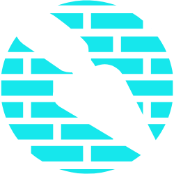 A white and black trowel icon is centered over a bright turquoise brick wall pattern within a circular design, ideal for representing a masonry contractor Nassau County, NY.