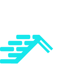 Logo featuring a house roof with two windows, blue bricks on the left, and a white paint roller arching over the top—perfect for a NY masonry contractor Nassau County or construction and home improvement services.