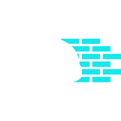 A simple illustration of a construction hard hat, a trowel, and a wall of blue bricks on a black background—ideal for a masonry contractor Nassau County, NY.