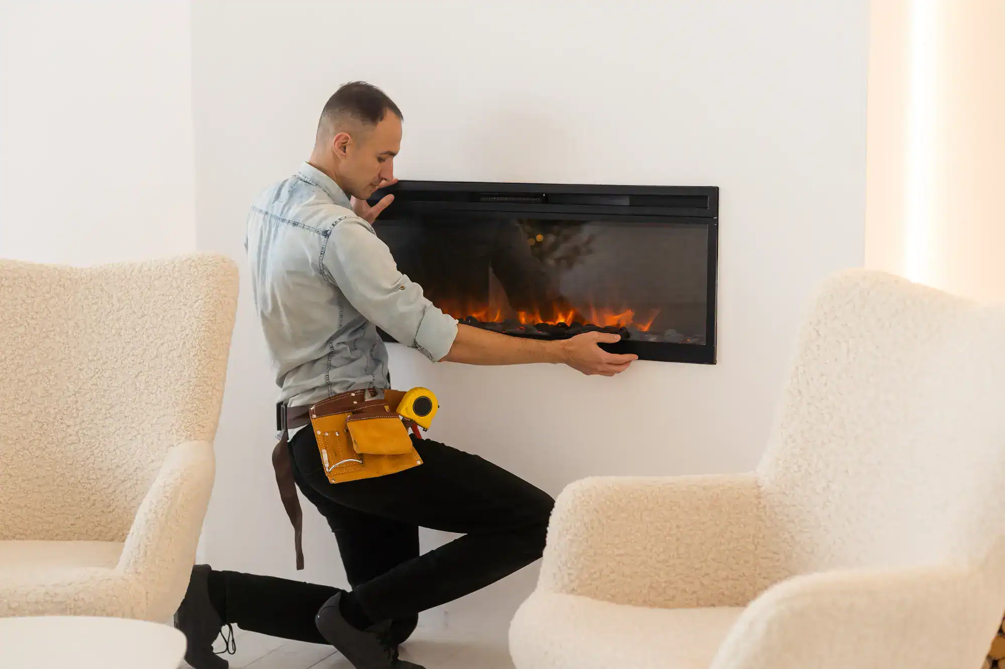 A man wearing a tool belt kneels while installing or adjusting a modern electric fireplace in a white NY living room with two cream-colored armchairs.