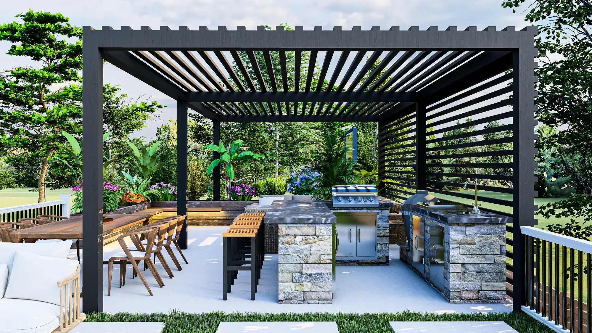 Modern outdoor kitchen and dining area featuring a pergola, stone countertops, built-in grill, sink, wooden dining table, lush greenery, and ample seating—all beautifully crafted by a skilled masonry contractor Nassau County.